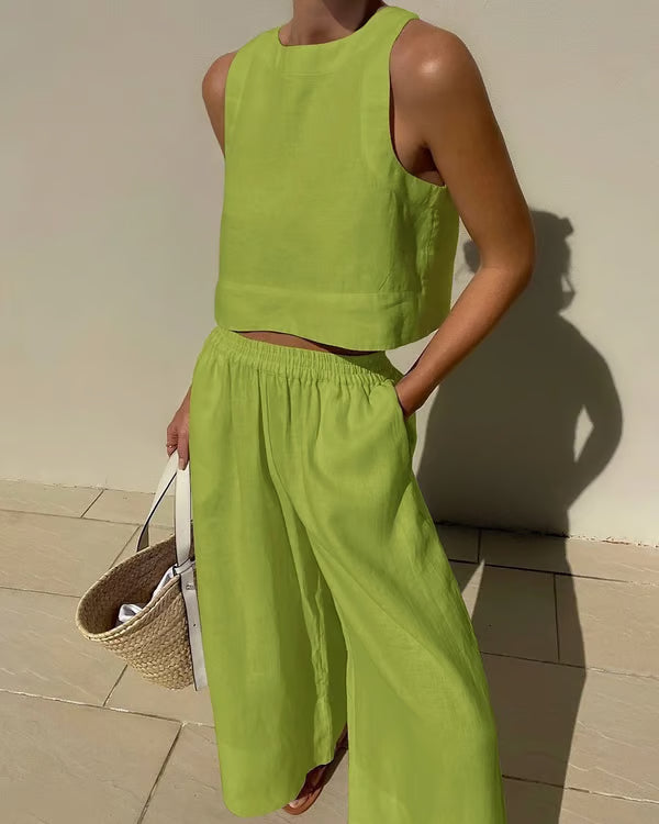 Casual Solid Color Linen Set