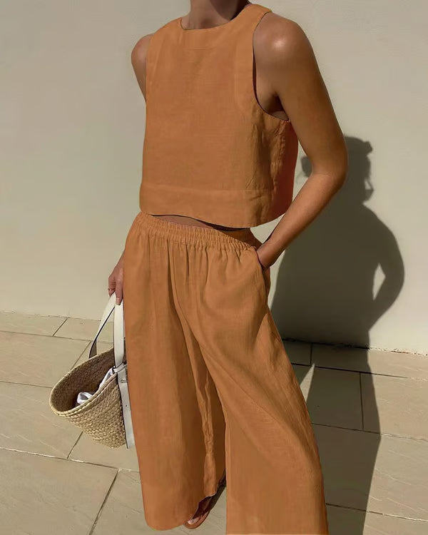 Casual Solid Color Linen Set