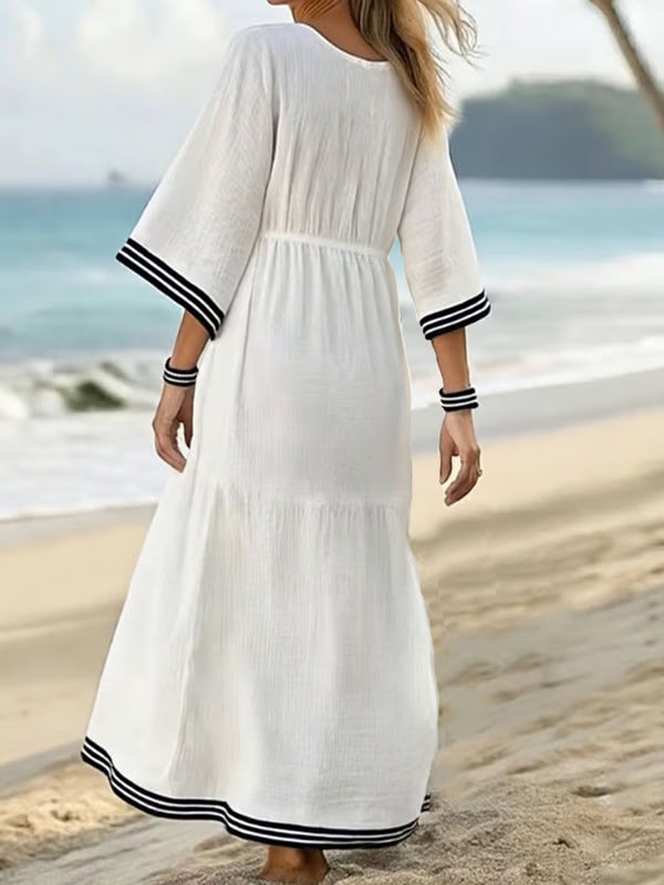 Linen Dress with Stripes and V-Neck