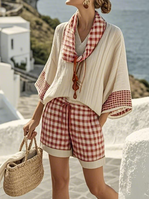 Short linen set with plaid pattern