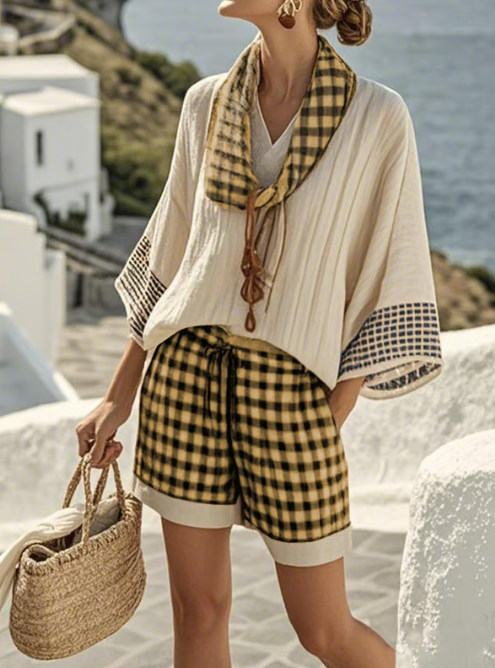 Short linen set with plaid pattern