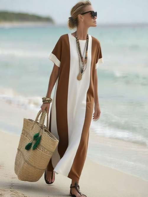 Long linen dress with elegant blocks