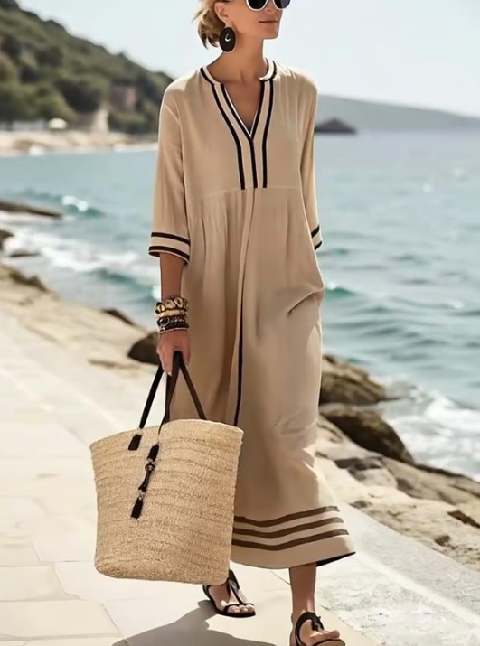 Long linen dress with contrast detail