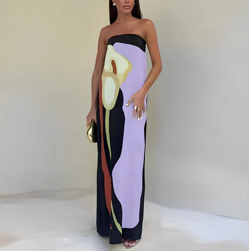 Elise - Long Strapless Dress with Artistic Print