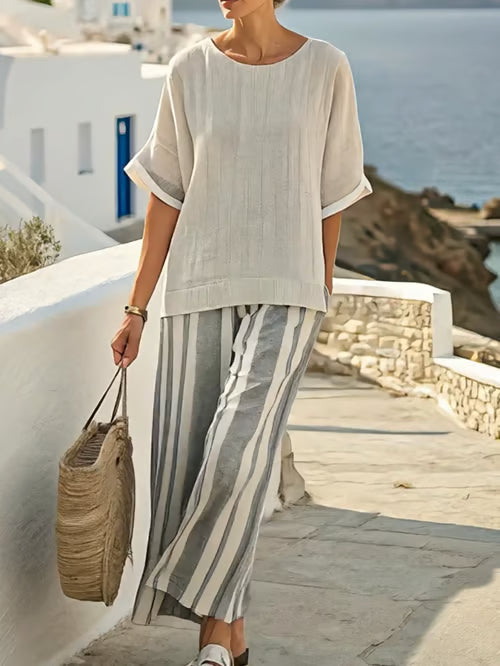 Summer Linen Set with Striped Pants