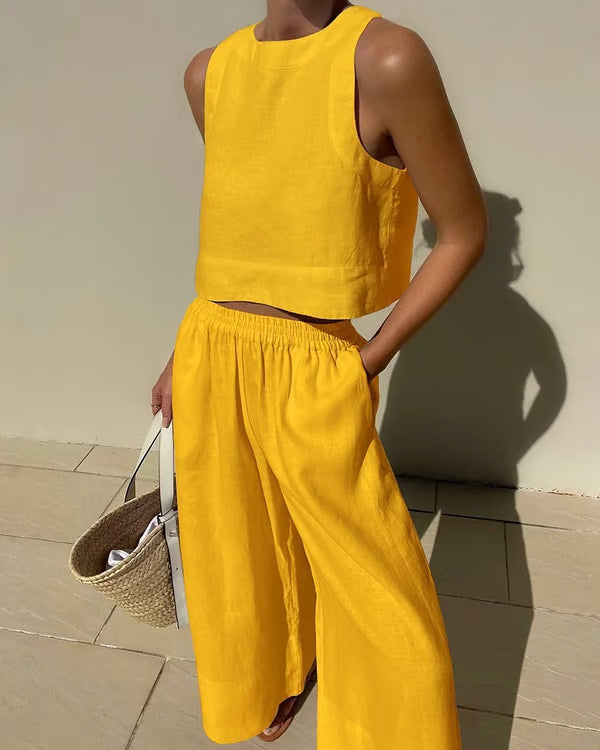 Casual Solid Color Linen Set