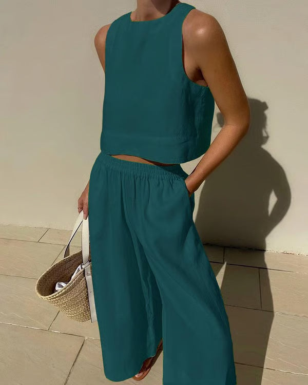 Casual Solid Color Linen Set