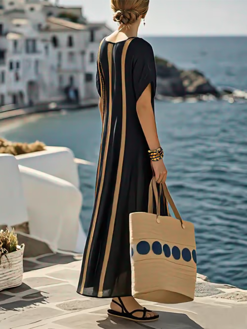 Golden Striped Linen Dress