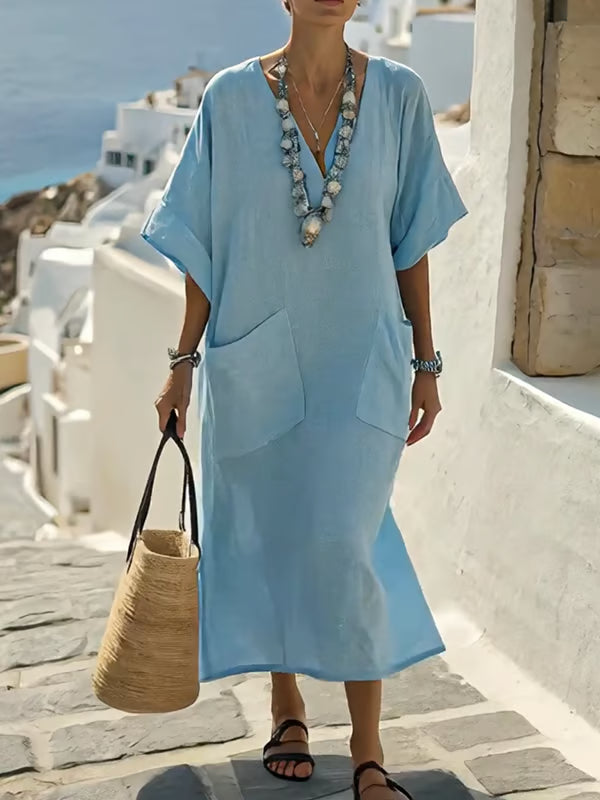 Blue linen dress with large pockets