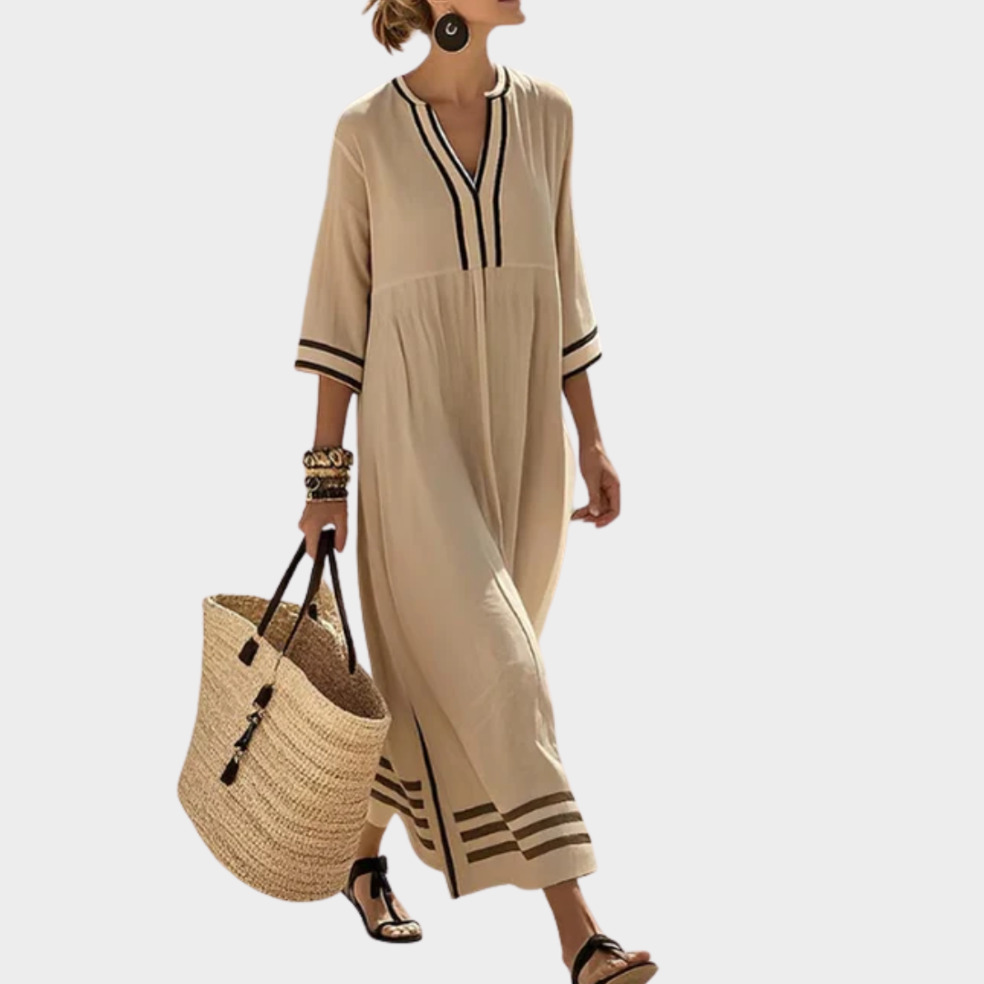 Long linen dress with contrasting detail
