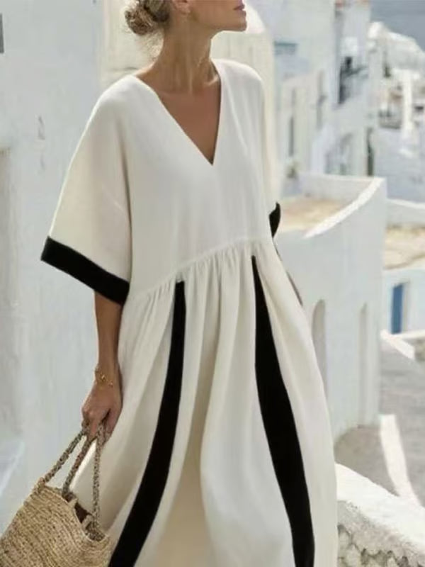 Bicolor loose dress with V-neck