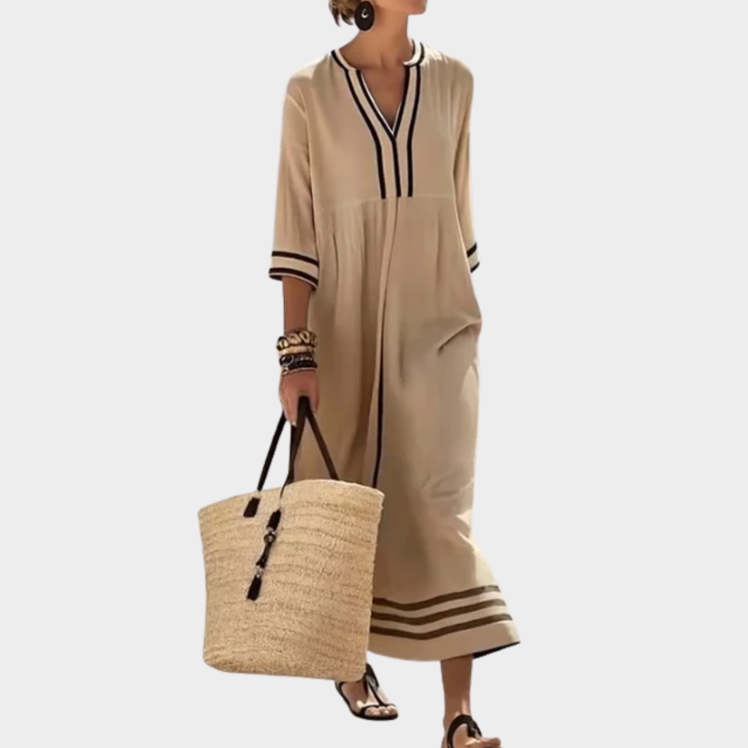 Long linen dress with contrasting detail