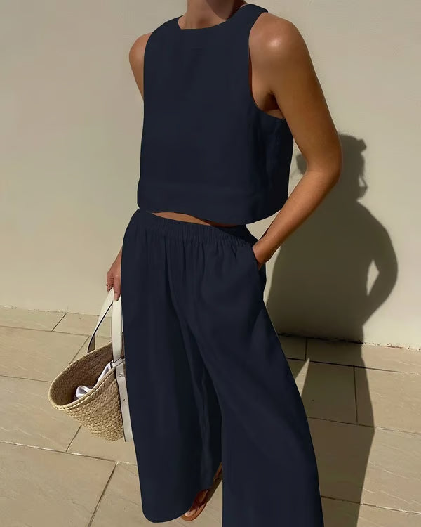 Casual Solid Color Linen Set