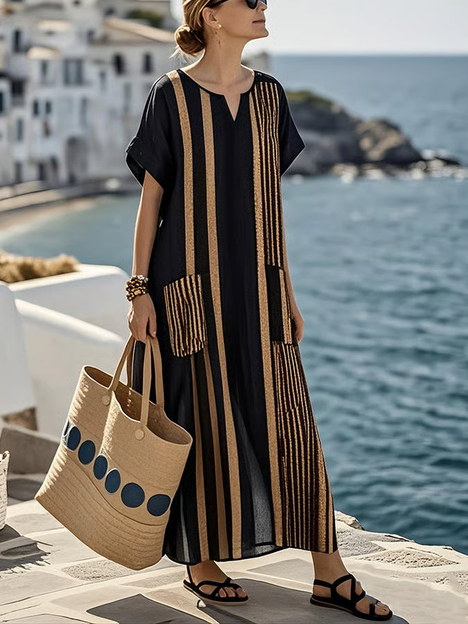 Golden Striped Linen Dress