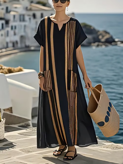 Golden Striped Linen Dress