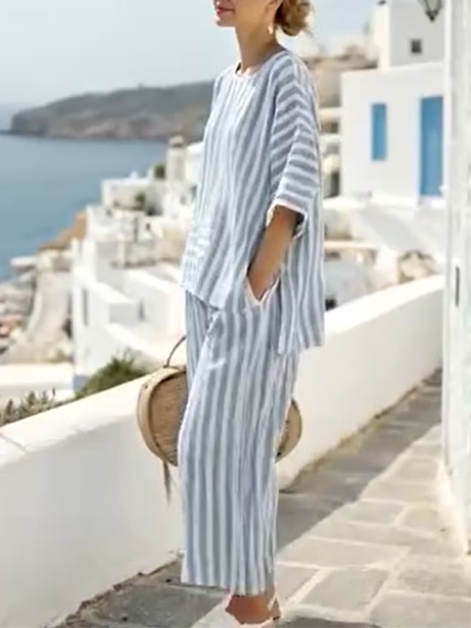Loose striped set with elastic waist