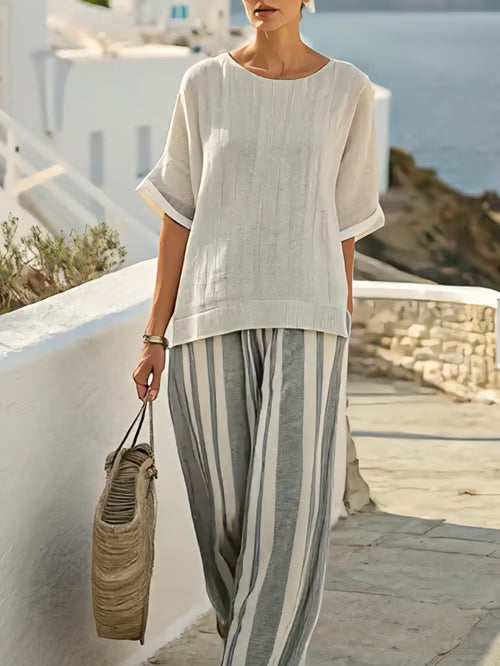 Summer Linen Set with Striped Pants