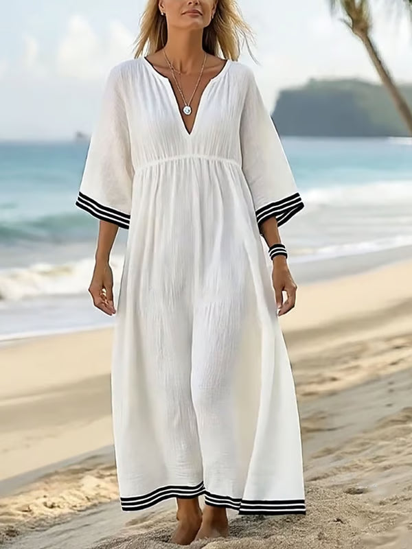 Linen Dress with Stripes and V-Neck