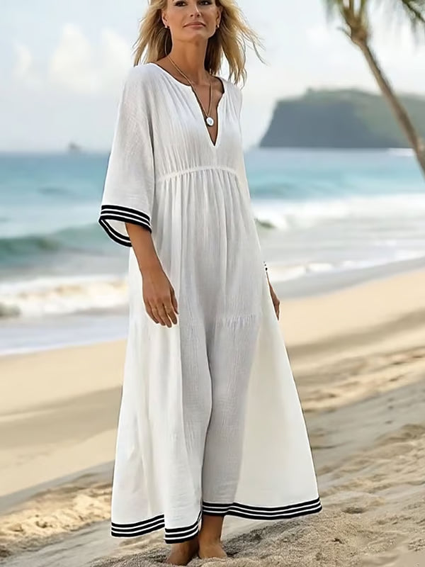 Linen Dress with Stripes and V-Neck