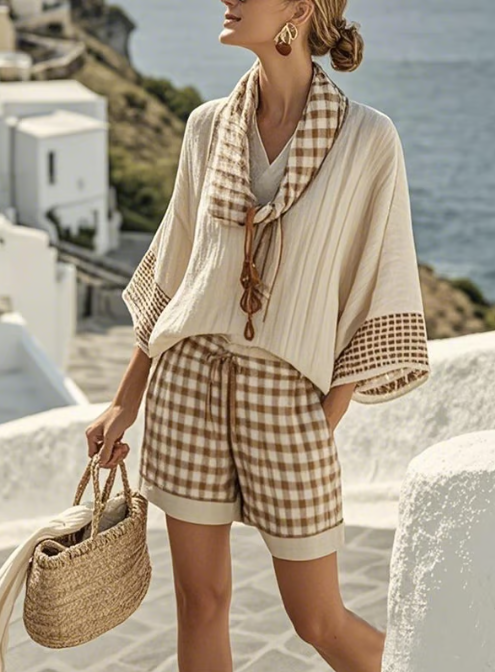Short linen set with plaid pattern