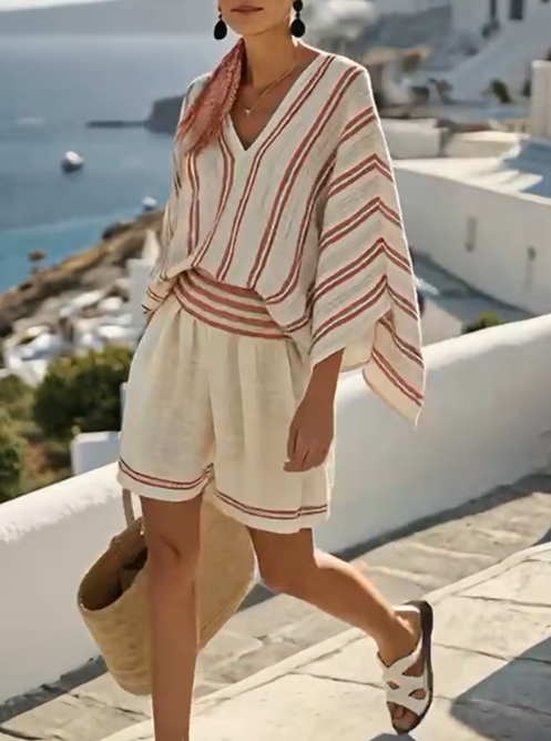 Linen short set with striped detail
