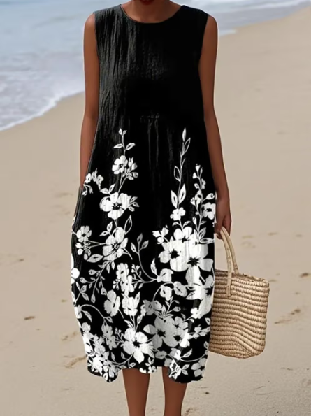 Black linen dress with white flowers