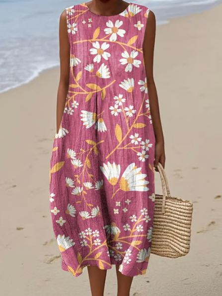 Pink linen dress with daisies