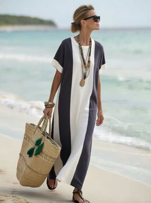Long linen dress with elegant blocks