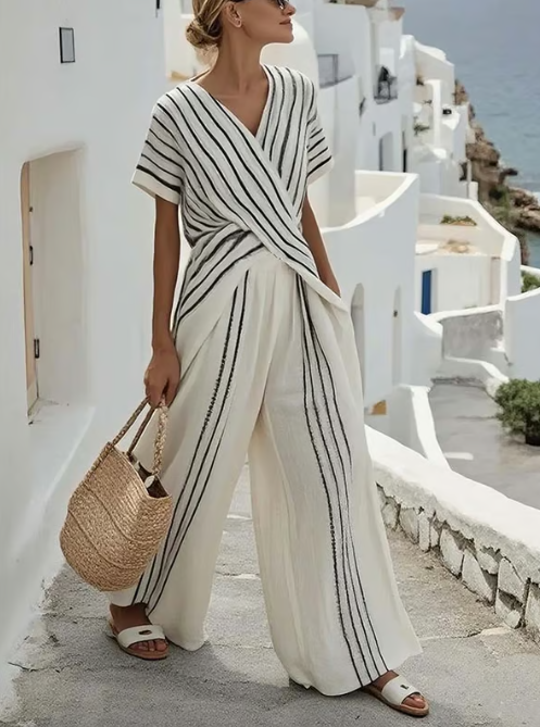 Two-piece linen set with crossover waist
