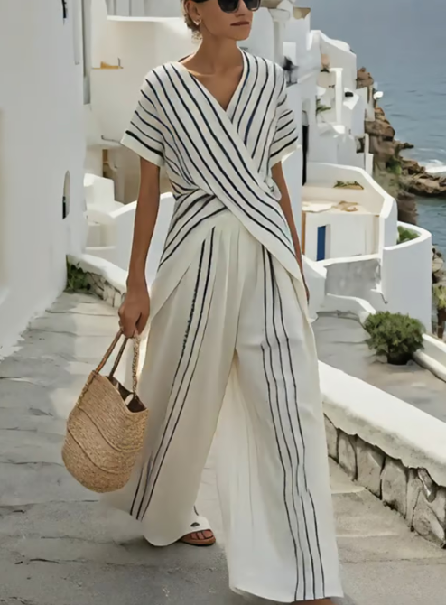 Two-piece linen set with crossover waist