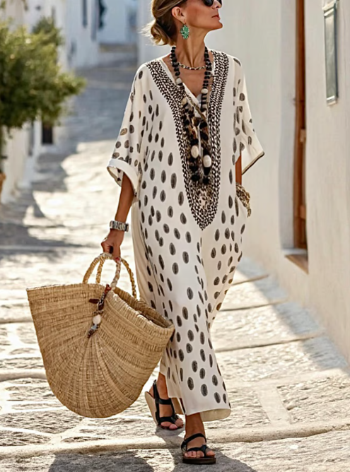 Long linen dress with tribal print