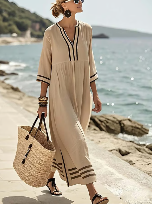 Long linen dress with contrast detail