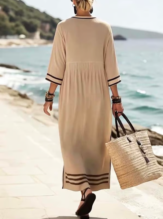 Long linen dress with contrast detail