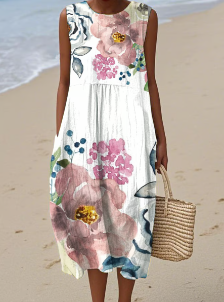 Artistic Floral Linen Dress