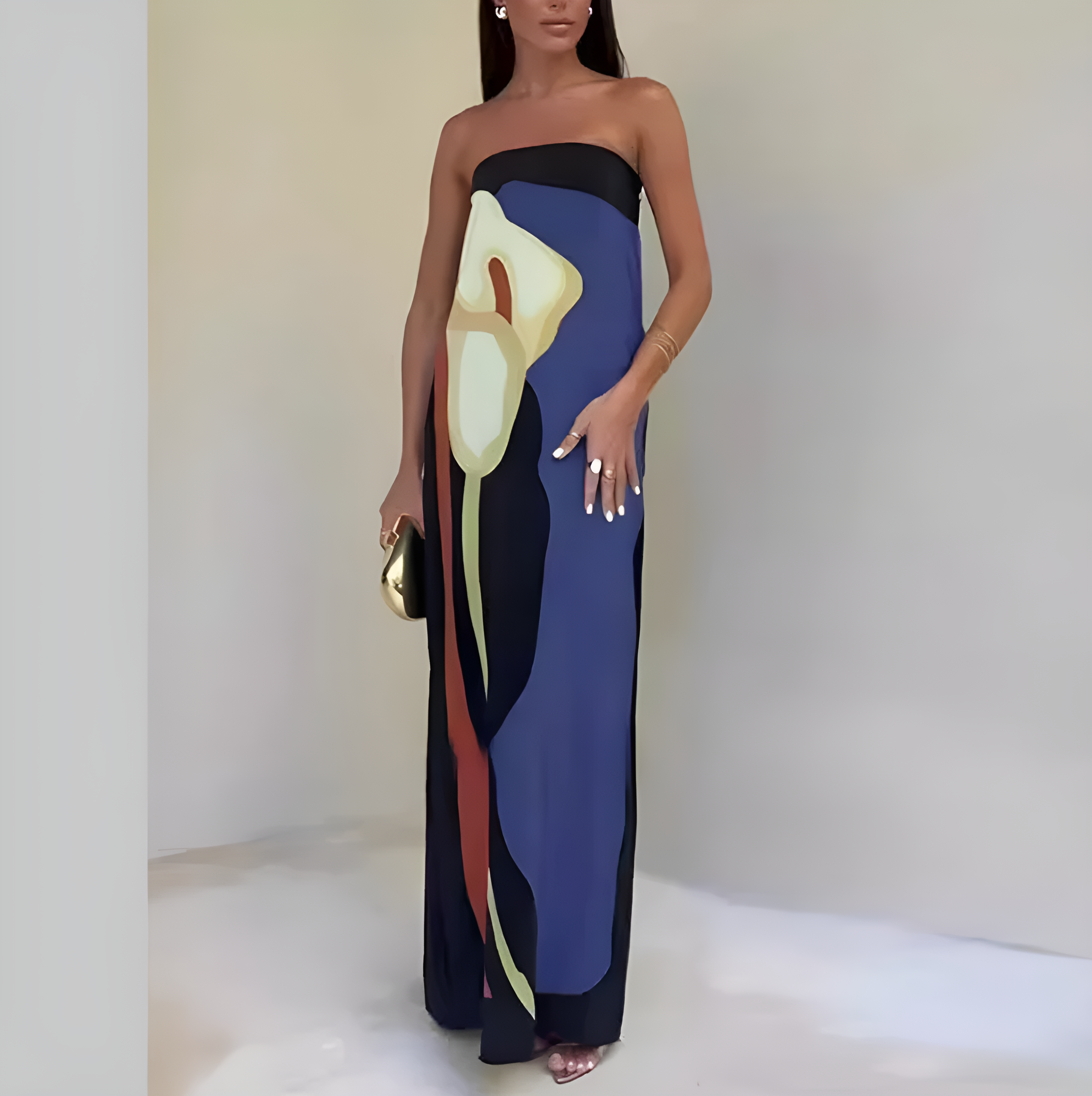 Elise - Long Strapless Dress with Artistic Print