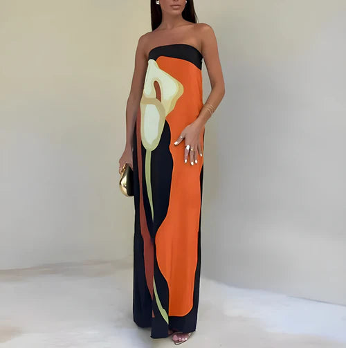 Elise - Long Strapless Dress with Artistic Print