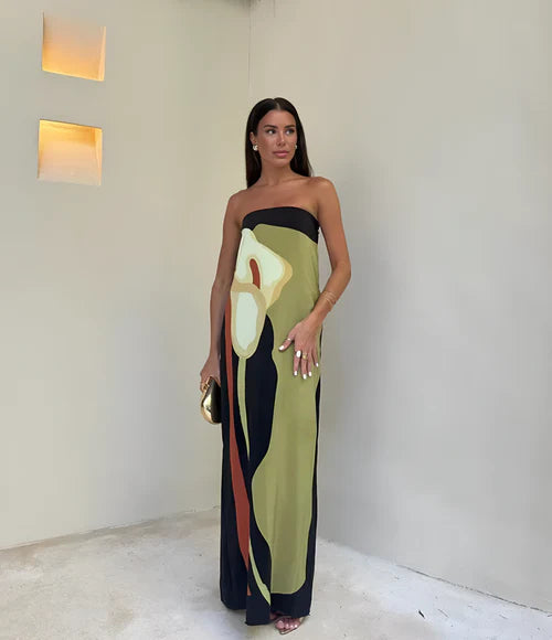 Elise - Long Strapless Dress with Artistic Print